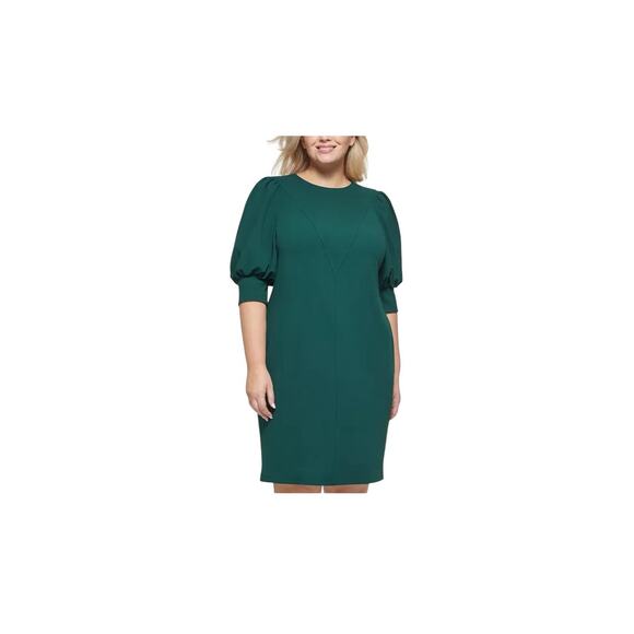 NWT Calvin Klein Puff Sleeve Sheath Dress Green Knee Long Women Size 14 Holiday - Picture 1 of 8